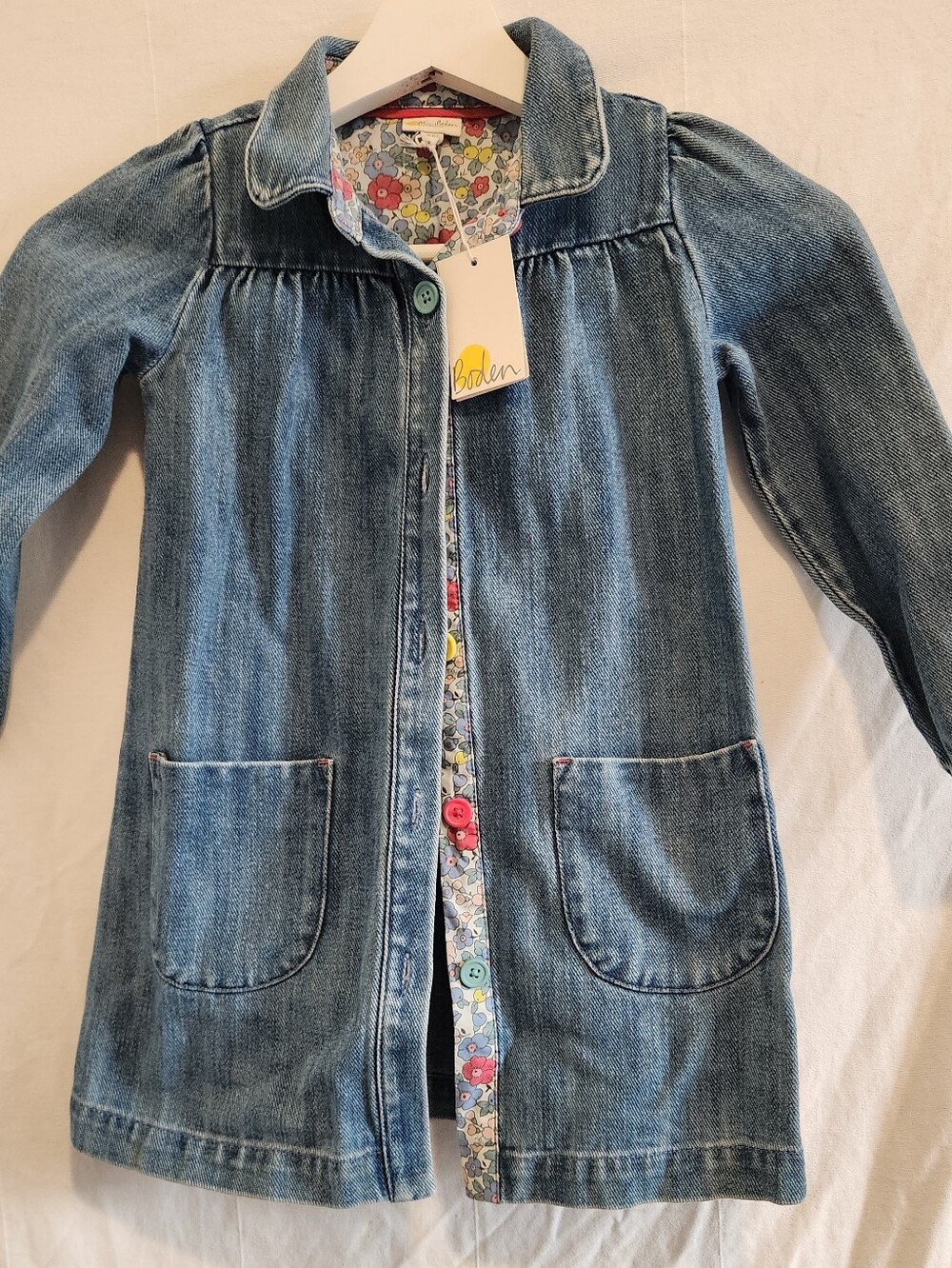 Mini Boden Girls' Denim Jacket with Floral Trim - Blue